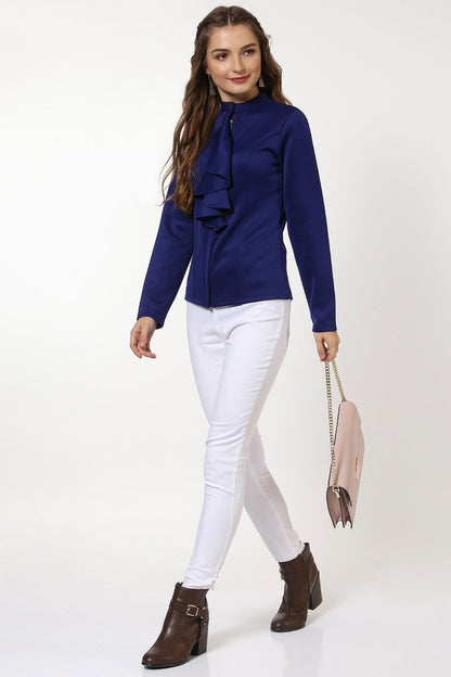 Women's Indigo Scuba Ruffle Placket Jacket