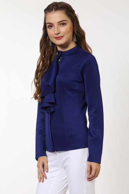 Women's Indigo Scuba Ruffle Placket Jacket