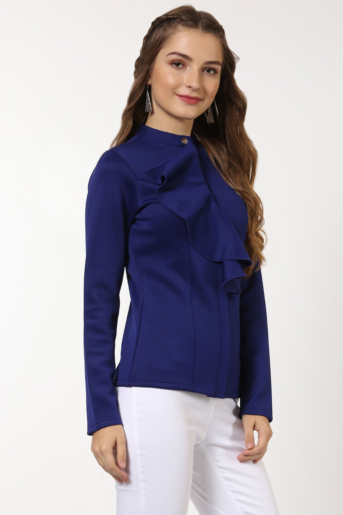 Women's Indigo Scuba Ruffle Placket Jacket