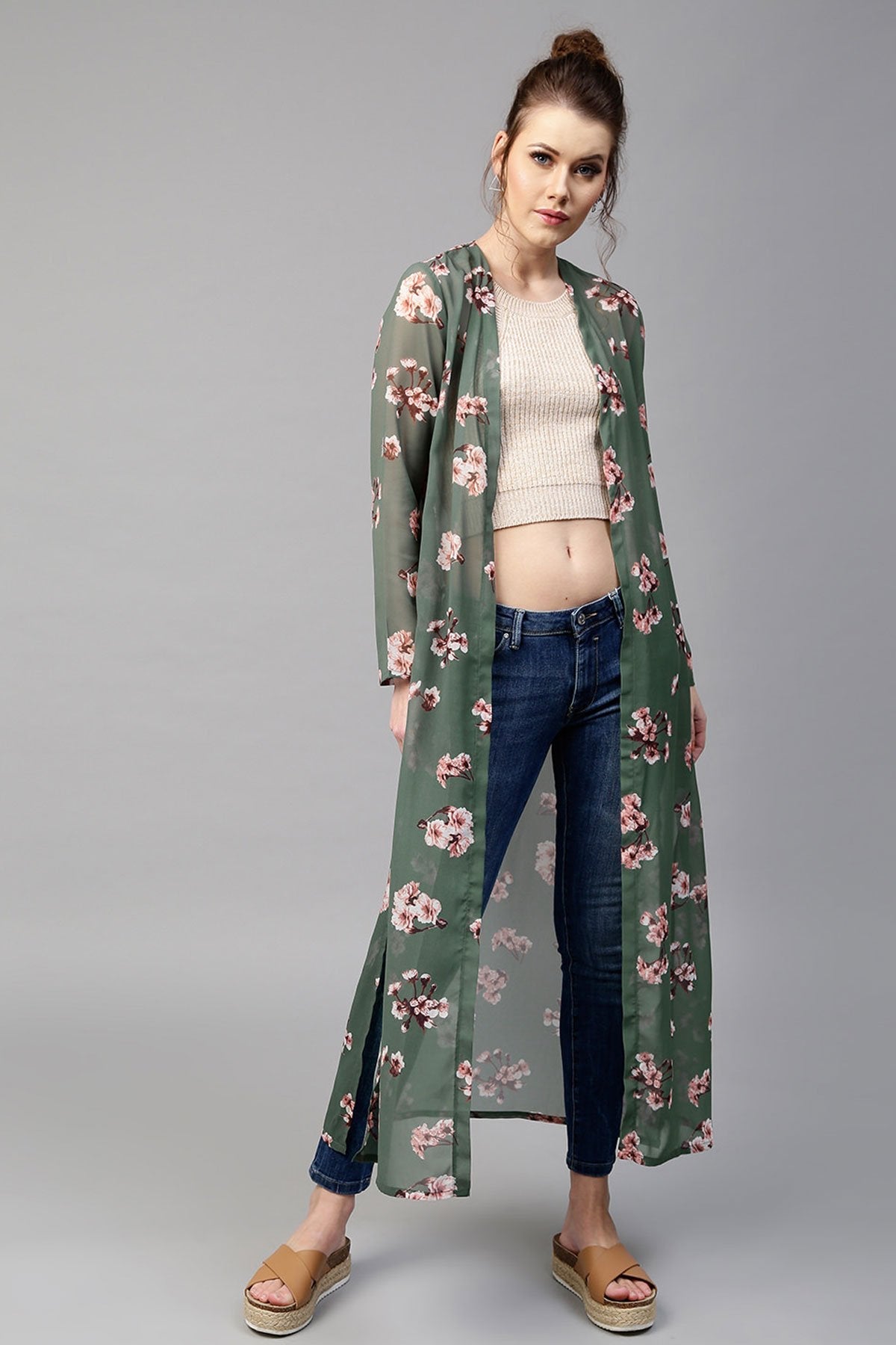 Women's Green Floral Longline Shrug