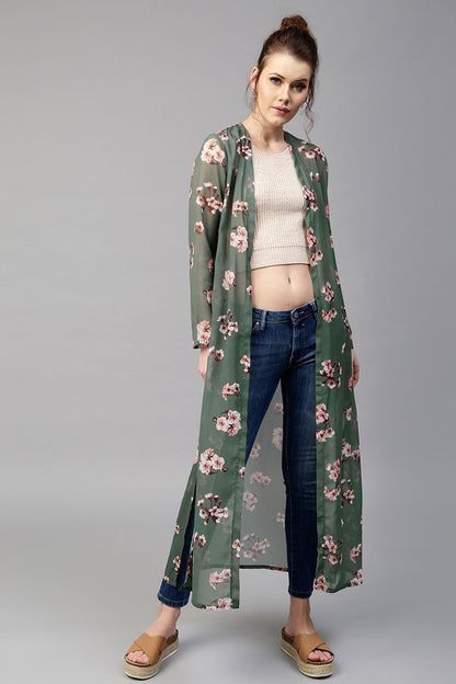 Women's Green Floral Longline Shrug