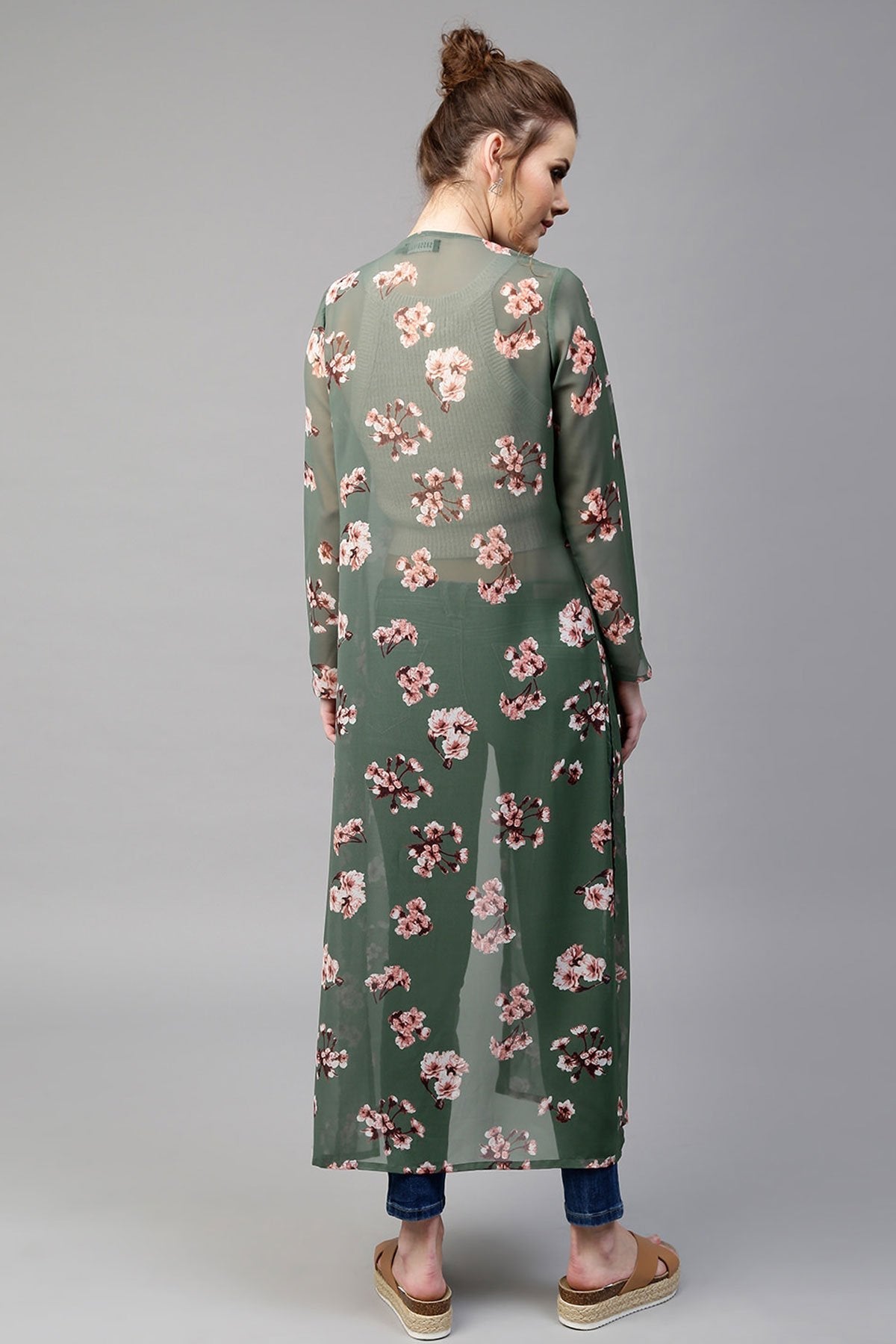 Women's Green Floral Longline Shrug