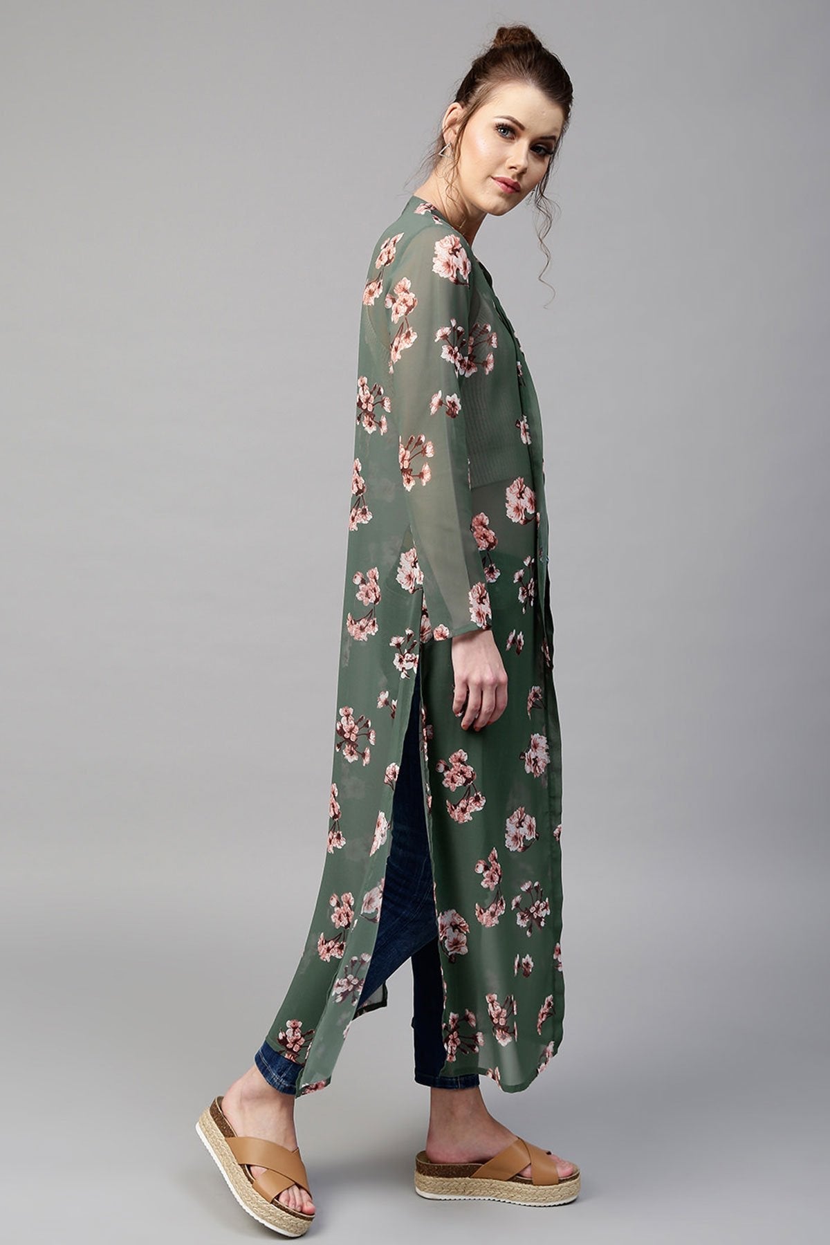 Women's Green Floral Longline Shrug
