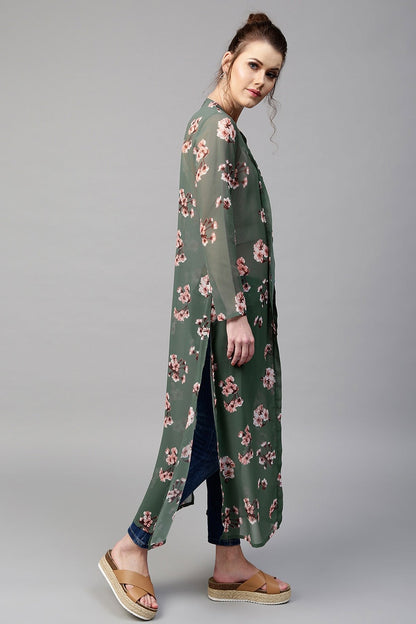 Women's Green Floral Longline Shrug