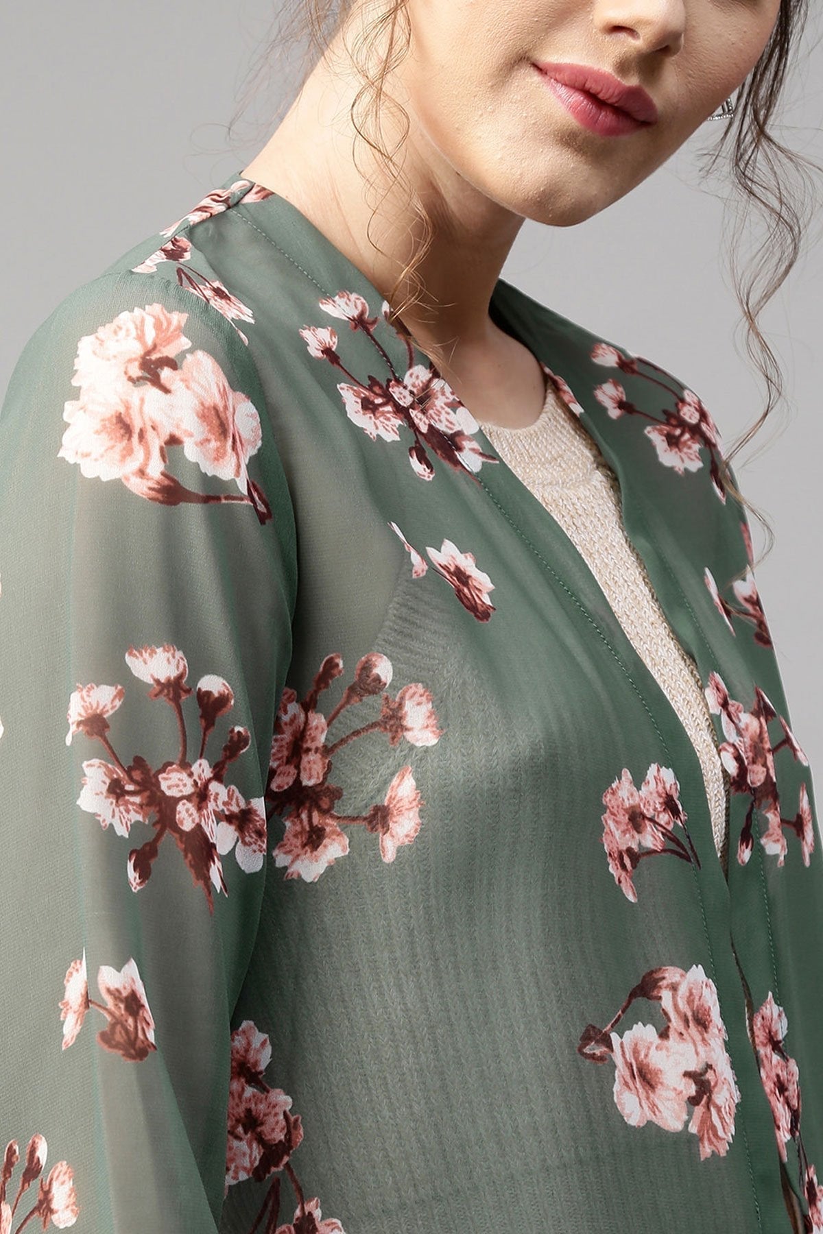 Women's Green Floral Longline Shrug
