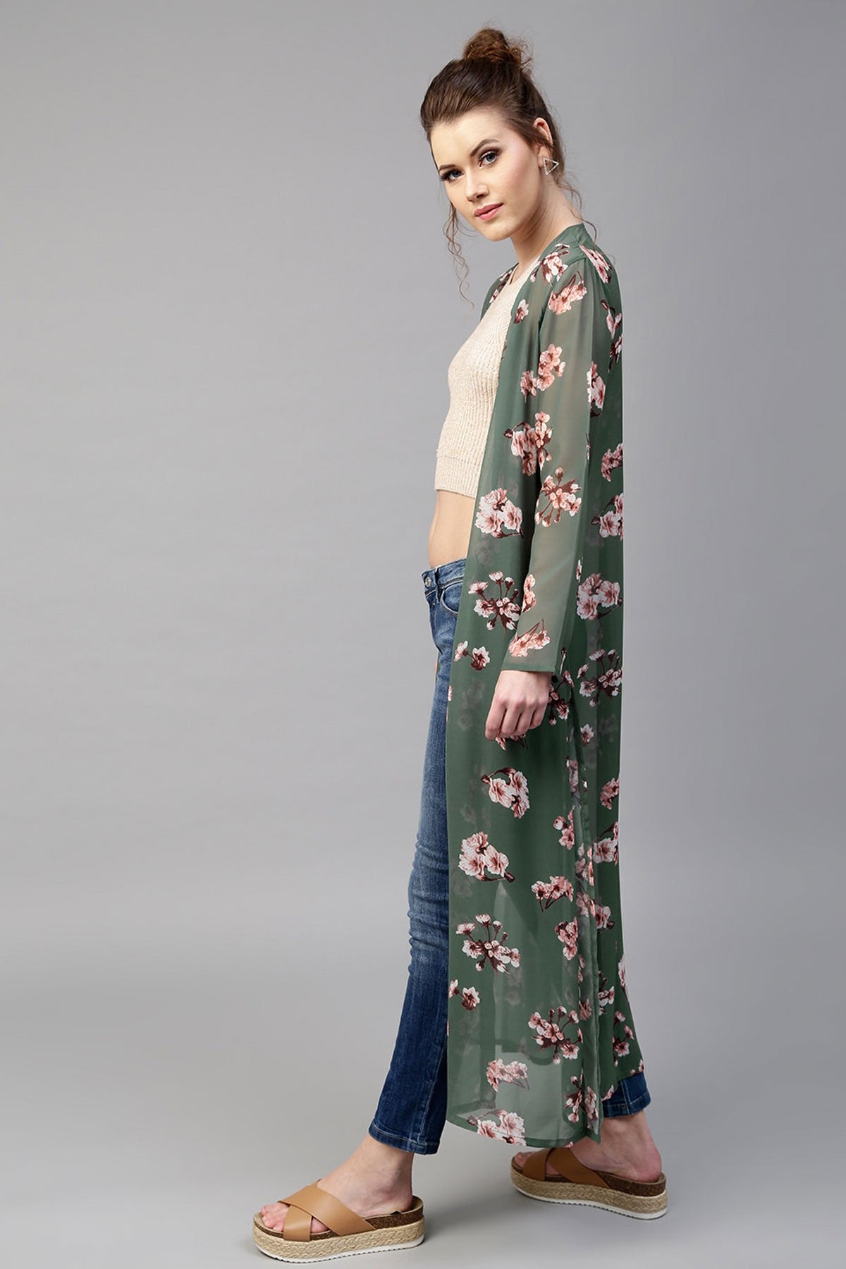 Women's Green Floral Longline Shrug