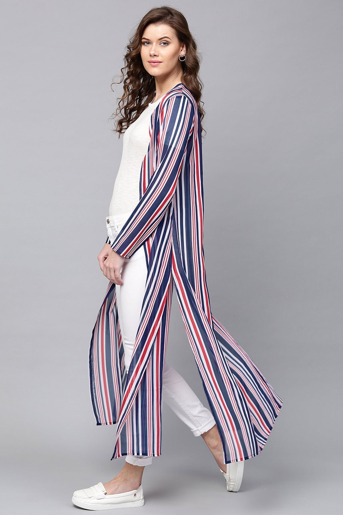 Women's Navy & Red Stripes Longline Shrug