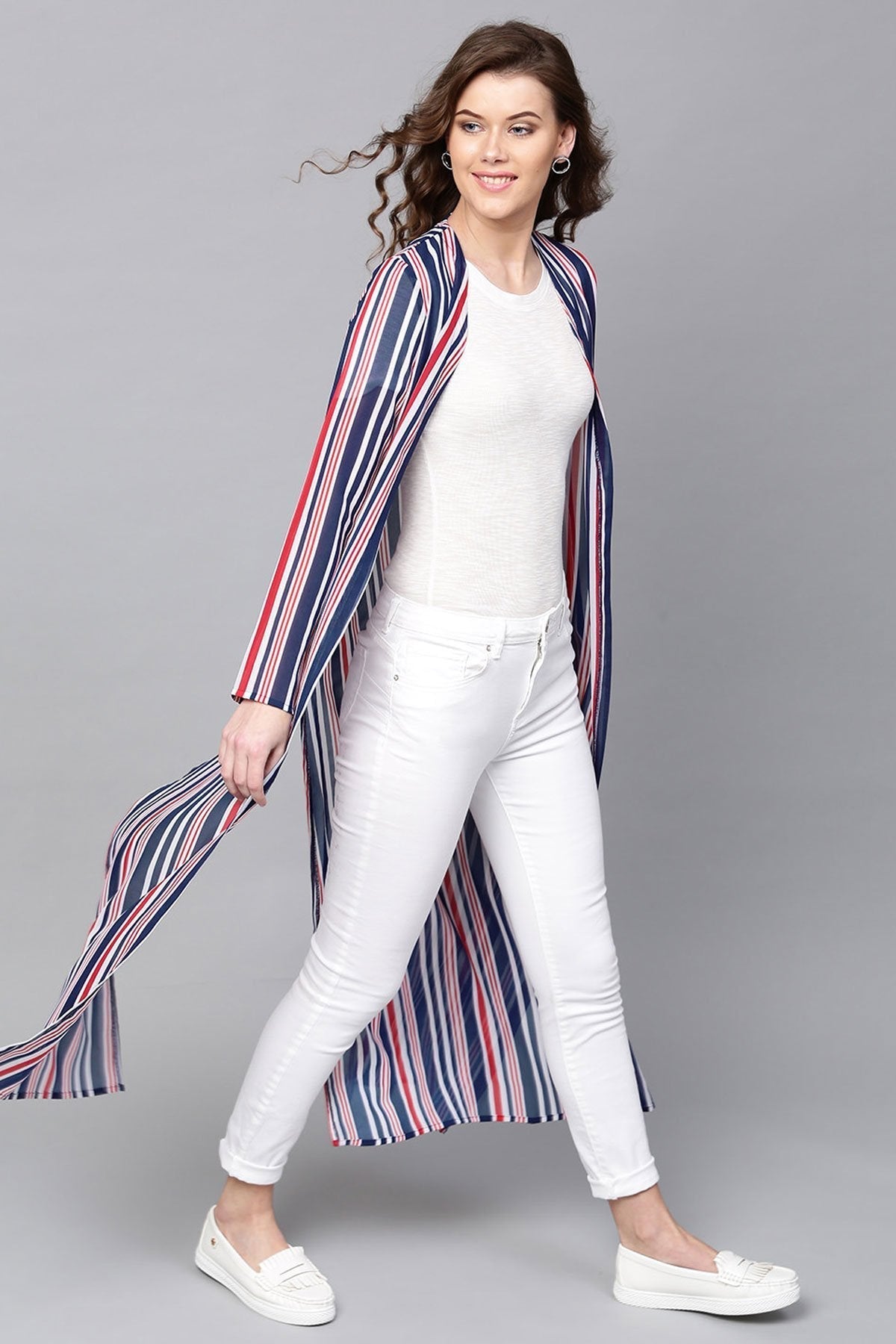 Women's Navy & Red Stripes Longline Shrug