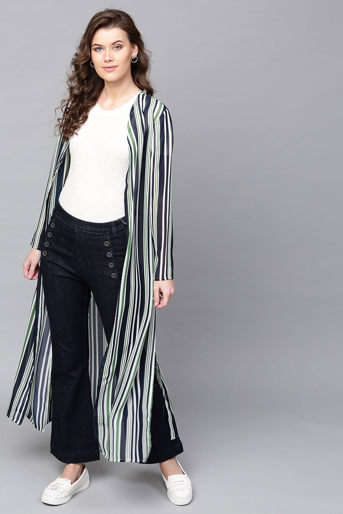 Women's Navy & Dark Green Stripes Longline Shrug