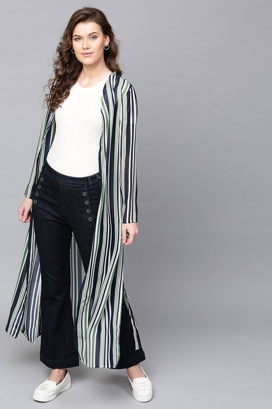 Women's Navy & Dark Green Stripes Longline Shrug