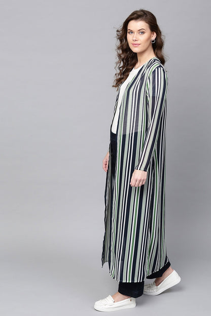 Women's Navy & Dark Green Stripes Longline Shrug