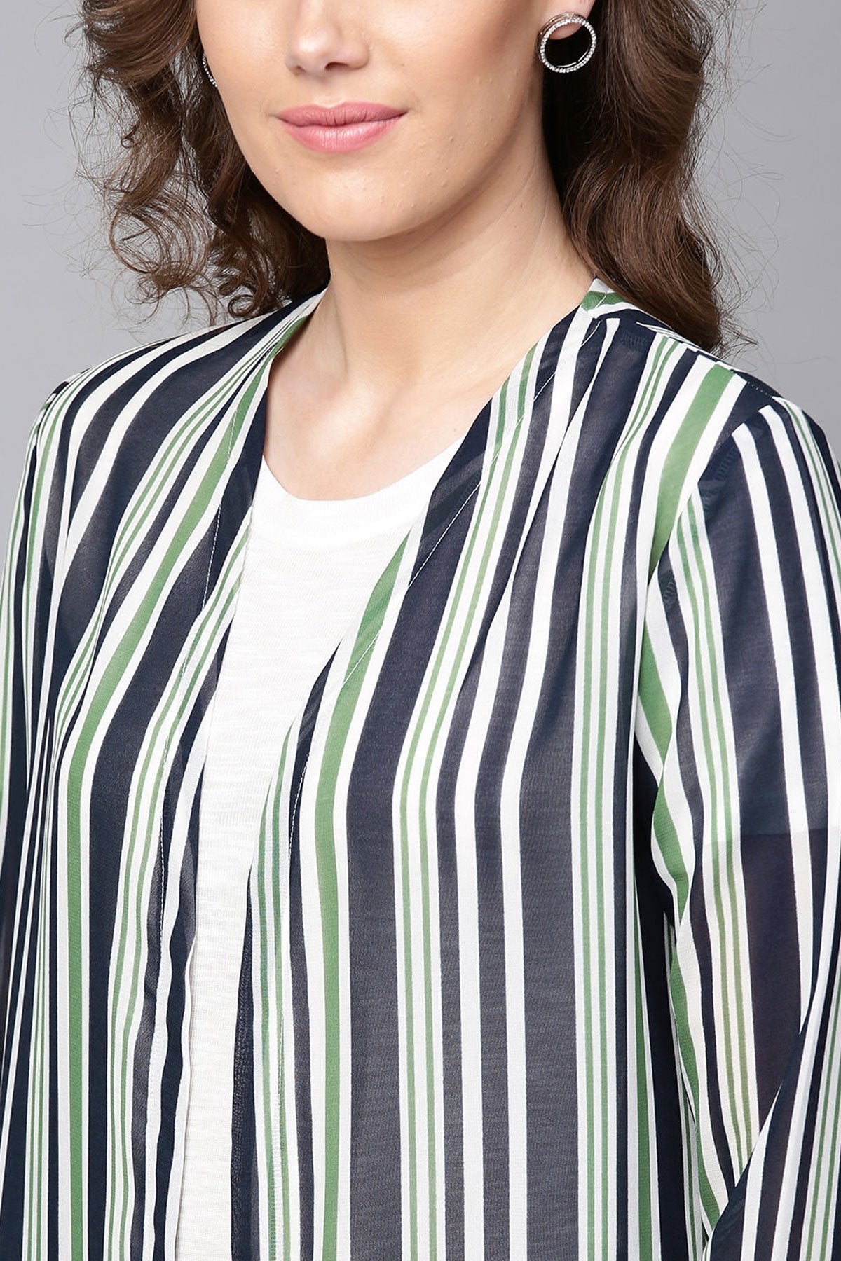 Women's Navy & Dark Green Stripes Longline Shrug