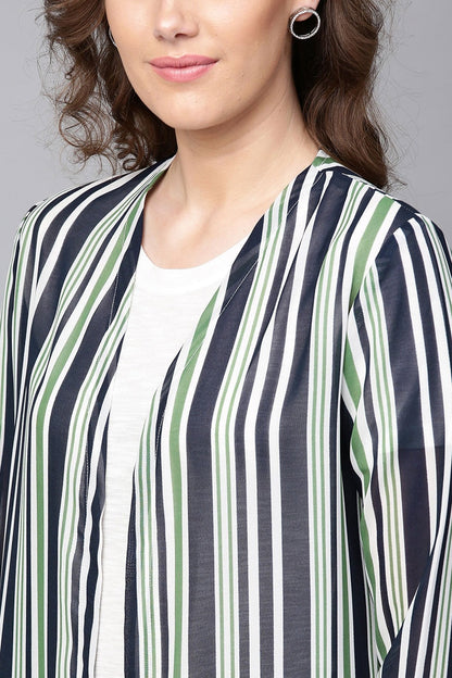 Women's Navy & Dark Green Stripes Longline Shrug