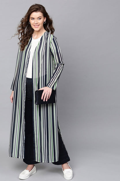 Women's Navy & Dark Green Stripes Longline Shrug