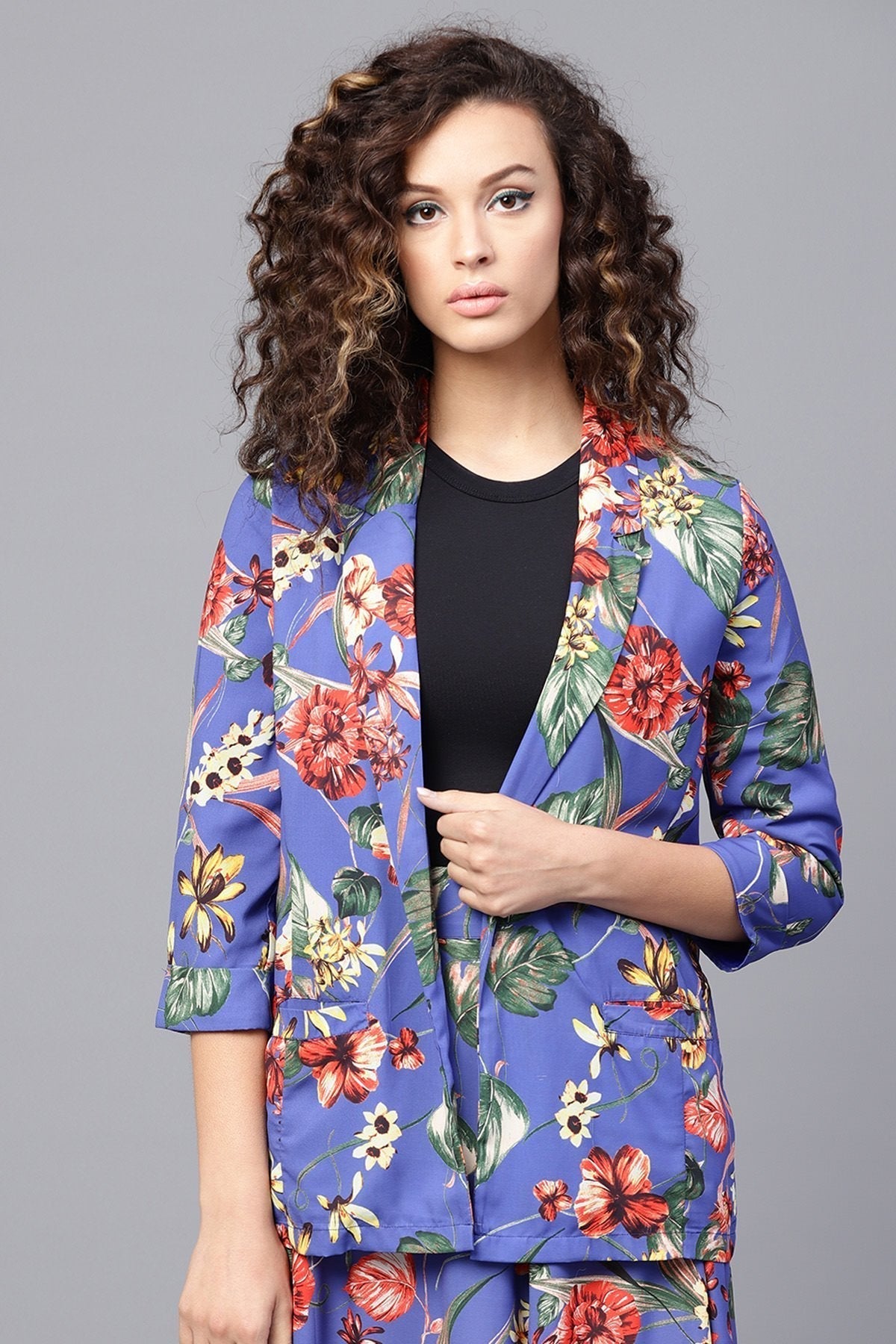 Women's Blue Floral Front Open Blazer