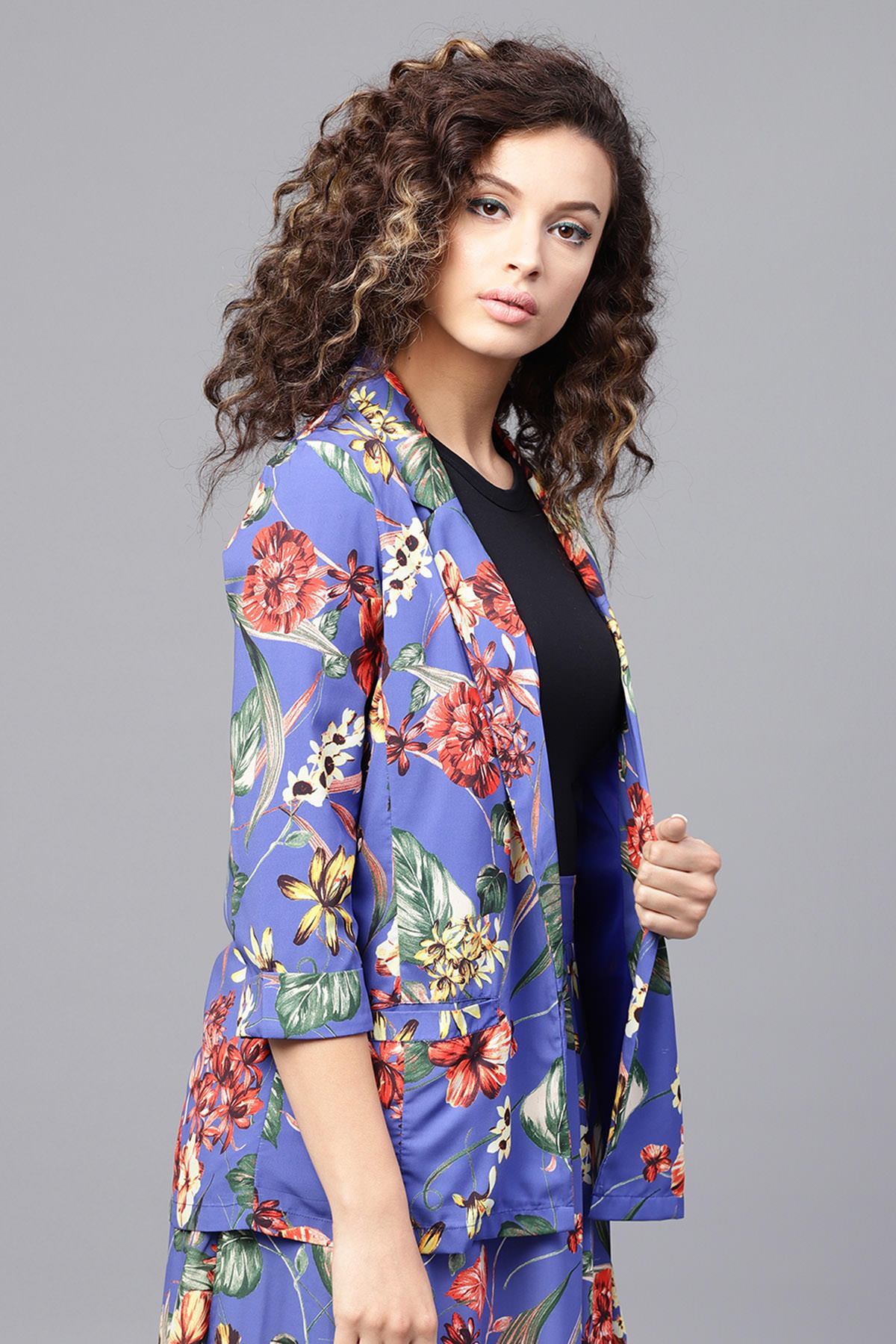 Women's Blue Floral Front Open Blazer