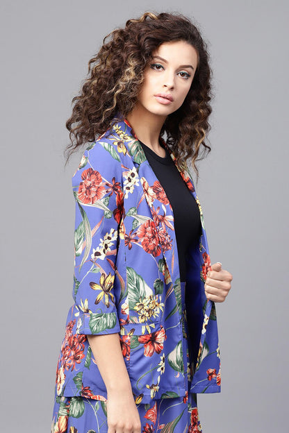 Women's Blue Floral Front Open Blazer