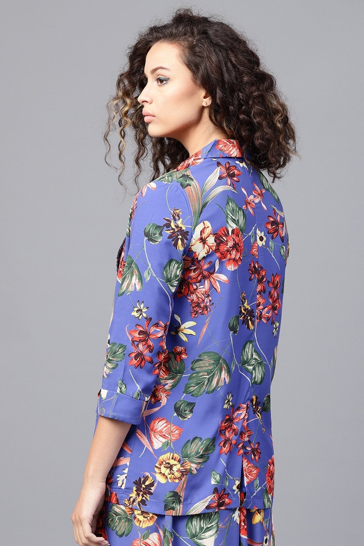 Women's Blue Floral Front Open Blazer