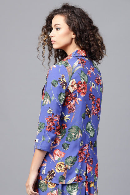 Women's Blue Floral Front Open Blazer