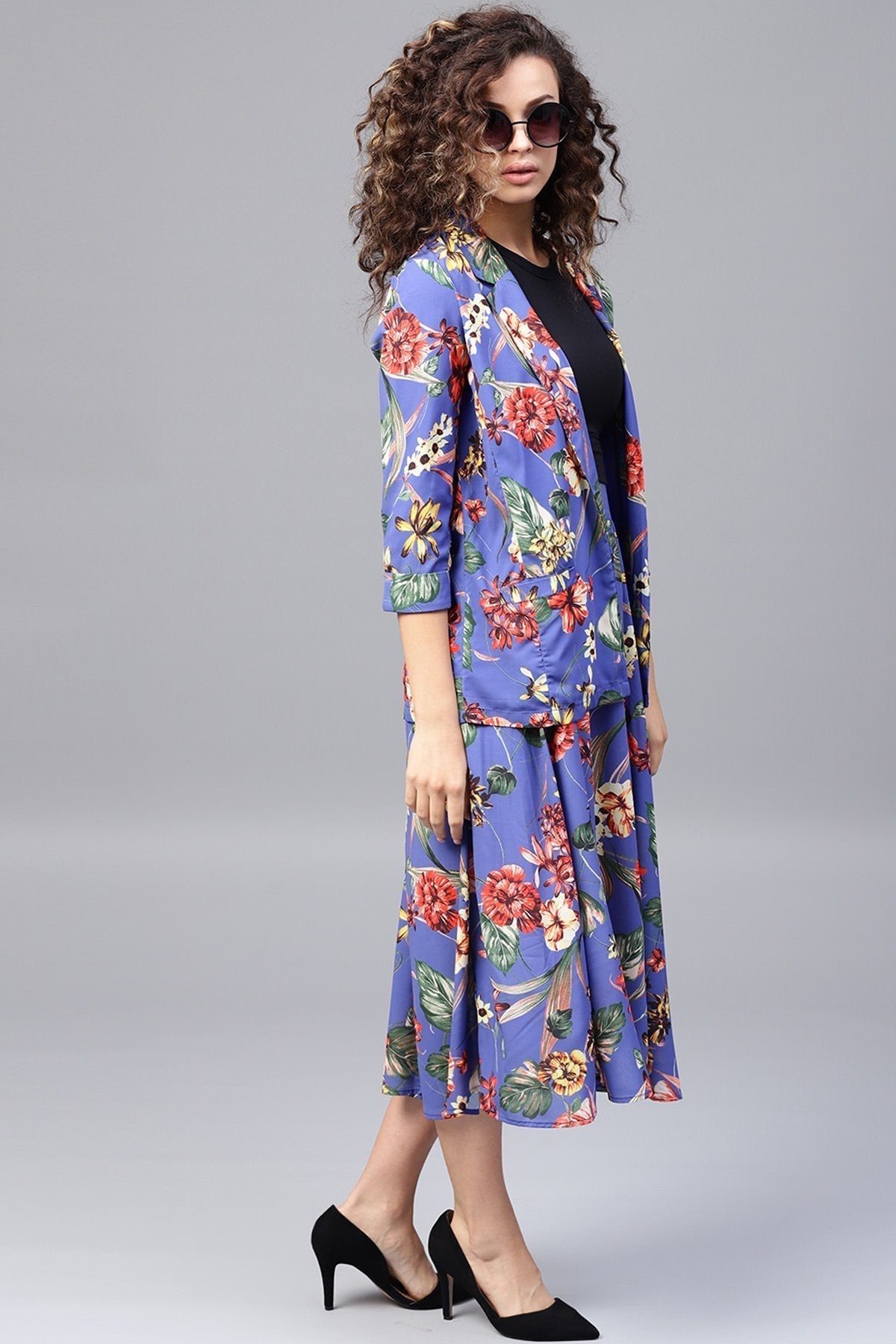 Women's Blue Floral Front Open Blazer