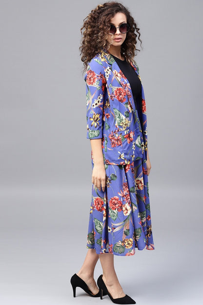 Women's Blue Floral Front Open Blazer