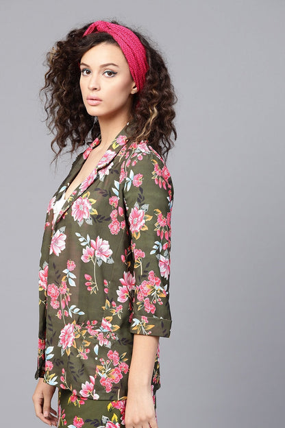 Women's Olive Floral Front Open Blazer