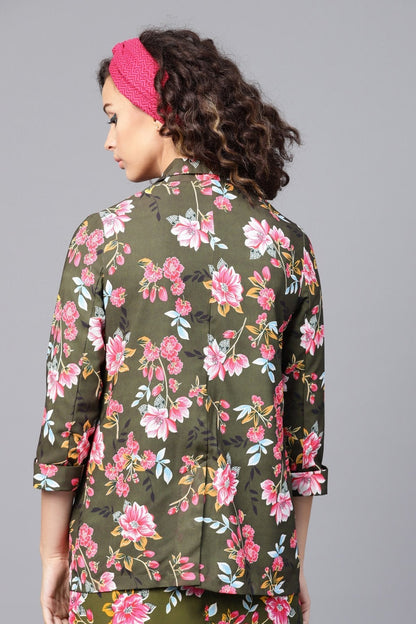 Women's Olive Floral Front Open Blazer