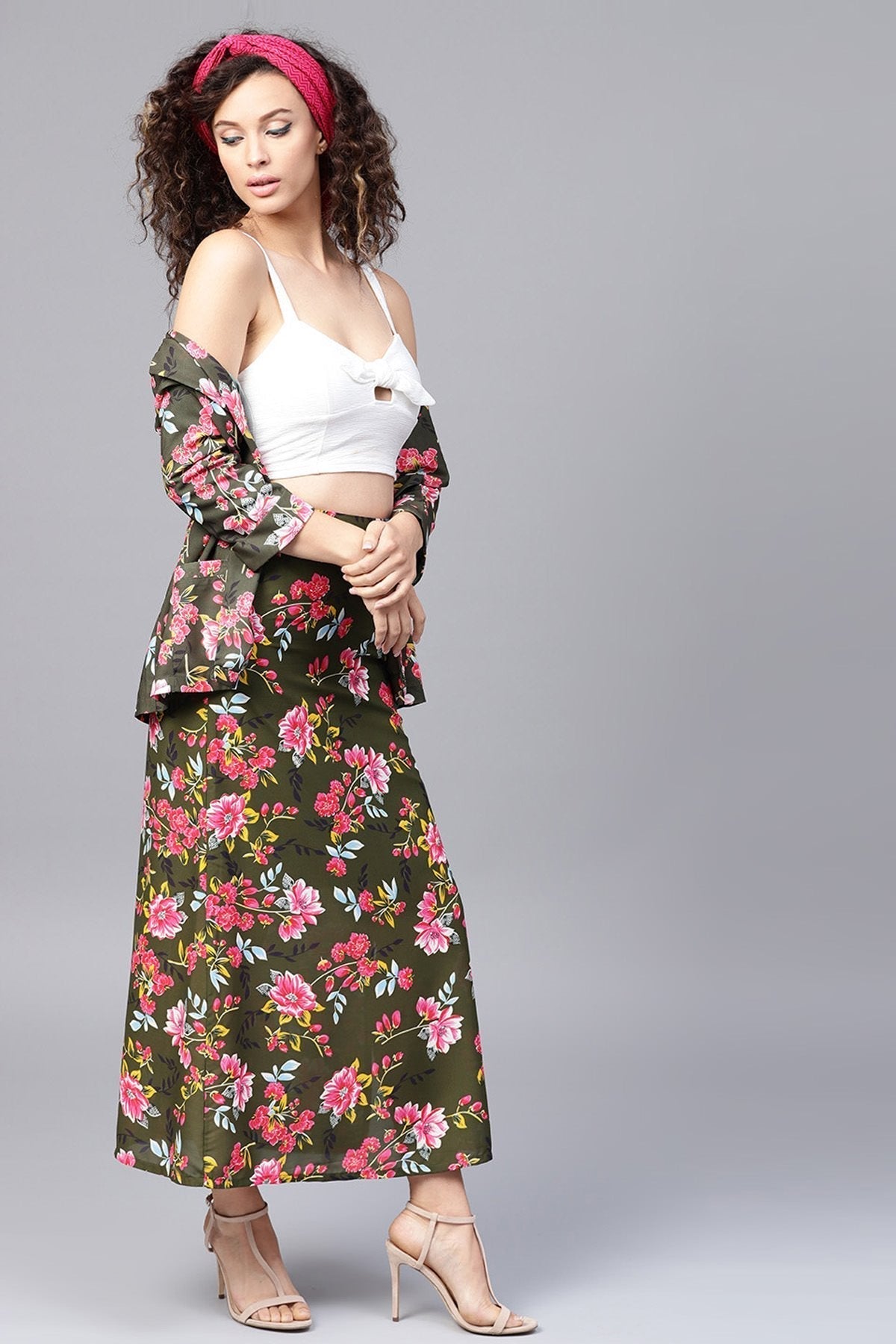 Women's Olive Floral Front Open Blazer