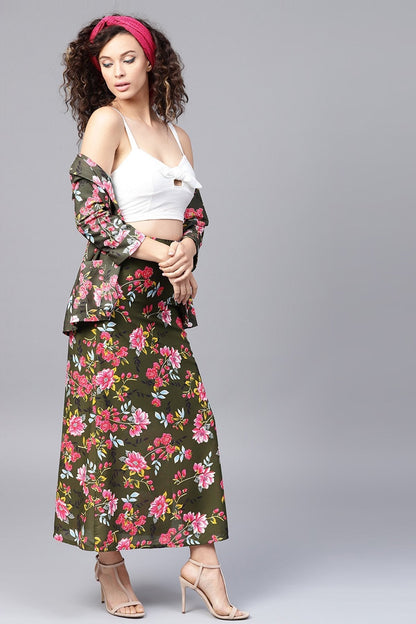 Women's Olive Floral Front Open Blazer