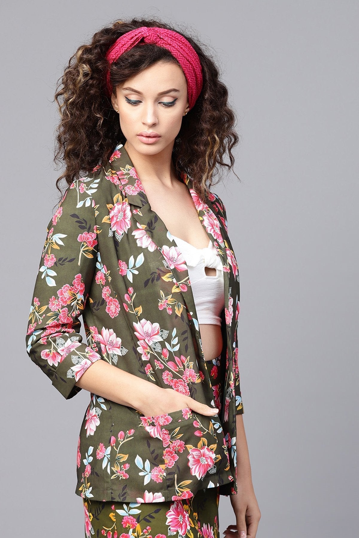 Women's Olive Floral Front Open Blazer