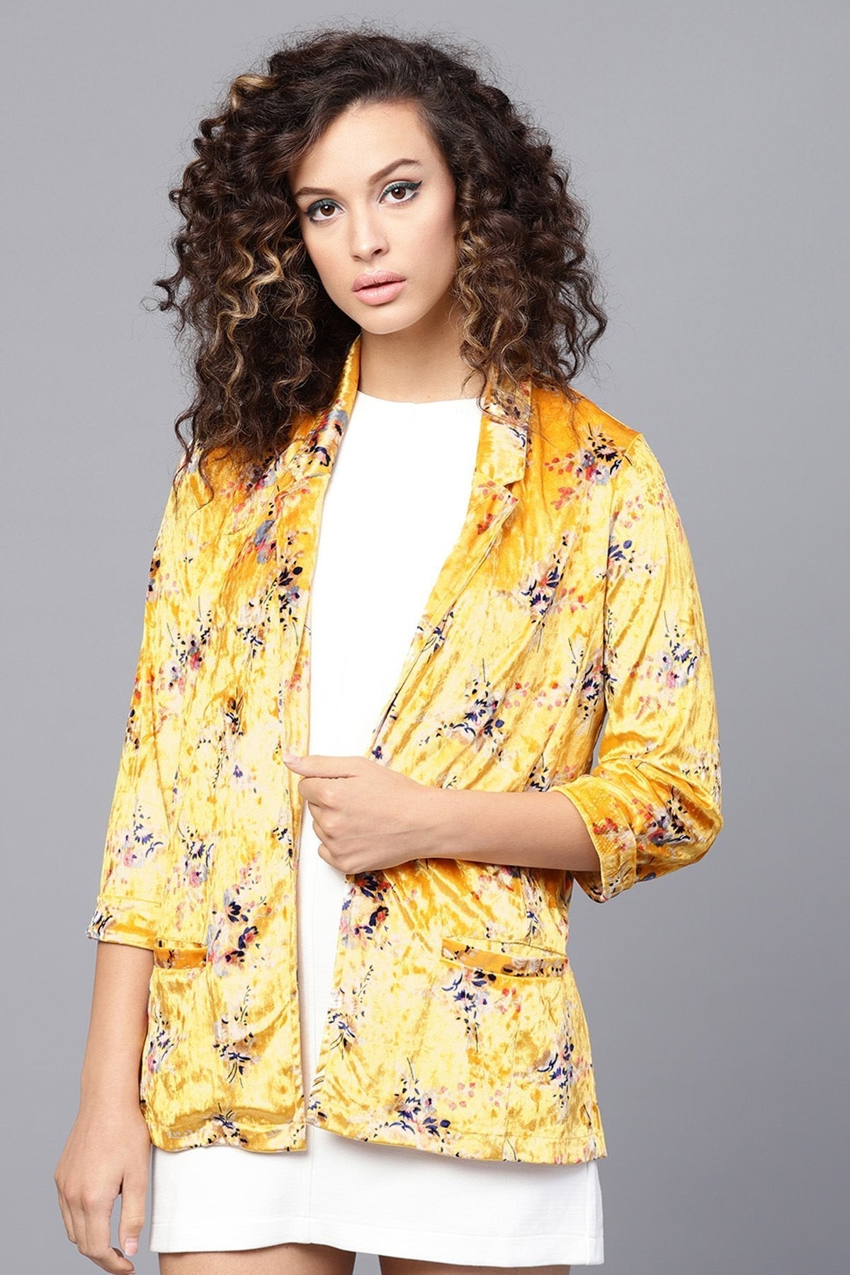 Women's Mustard Floral Velvet Blazer