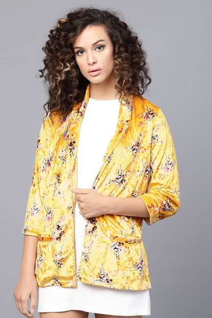 Women's Mustard Floral Velvet Blazer