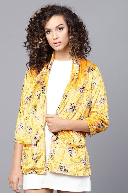 Women's Mustard Floral Velvet Blazer