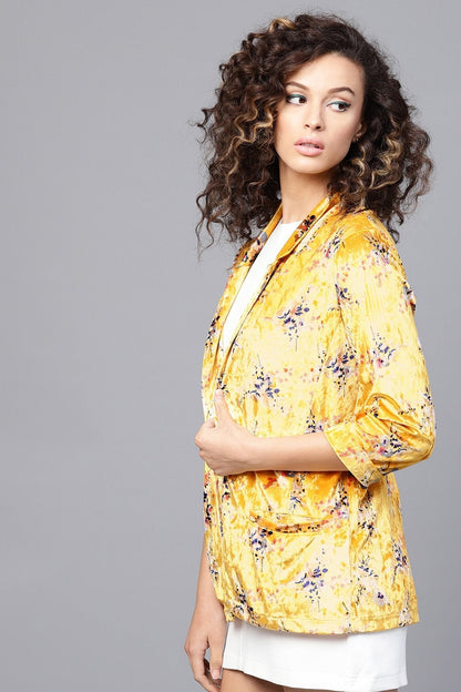 Women's Mustard Floral Velvet Blazer