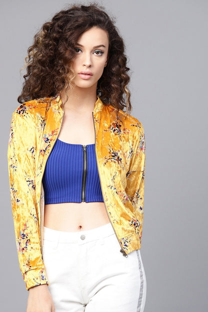 Women's Mustard Floral Velvet Bomber Jacket