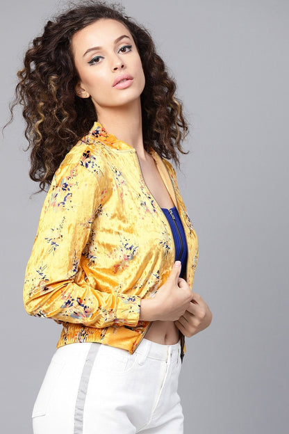 Women's Mustard Floral Velvet Bomber Jacket