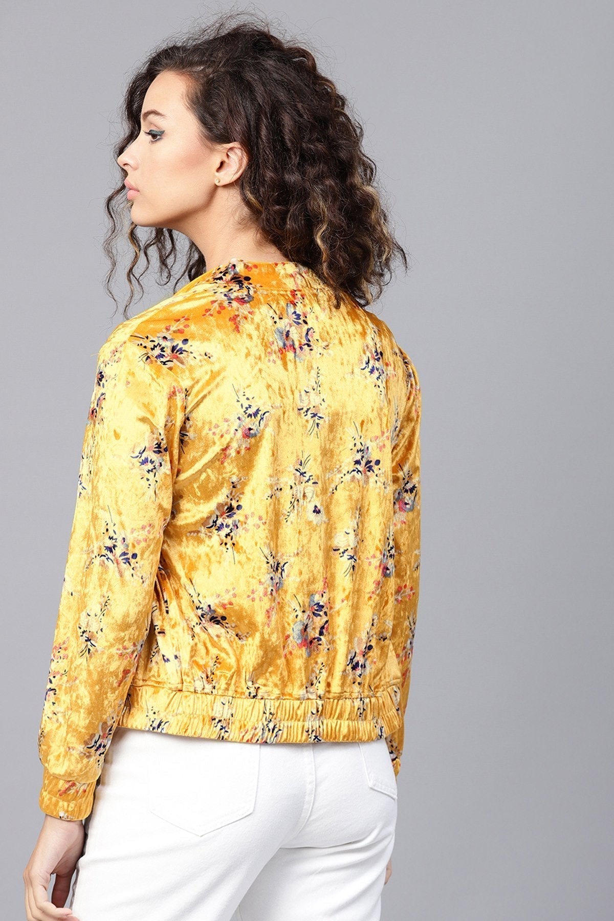 Women's Mustard Floral Velvet Bomber Jacket