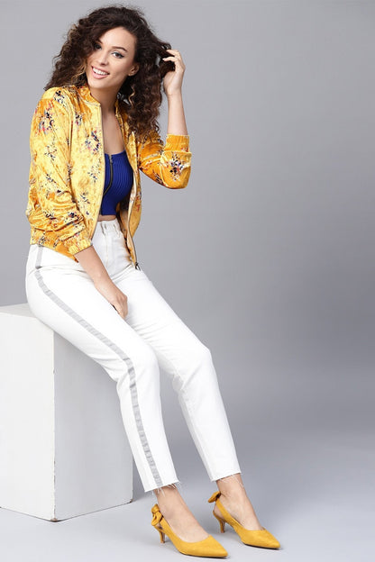 Women's Mustard Floral Velvet Bomber Jacket