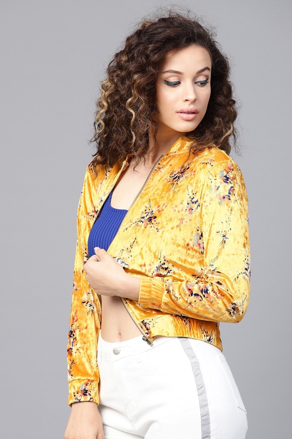Women's Mustard Floral Velvet Bomber Jacket