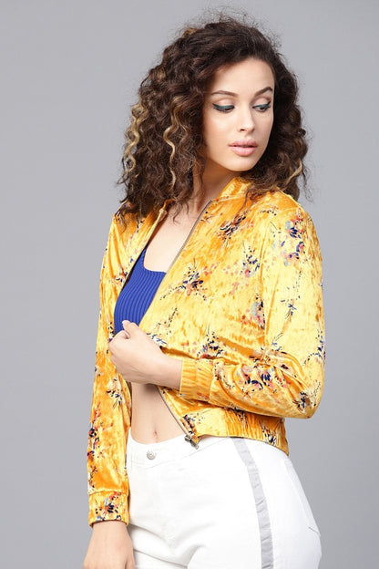 Women's Mustard Floral Velvet Bomber Jacket
