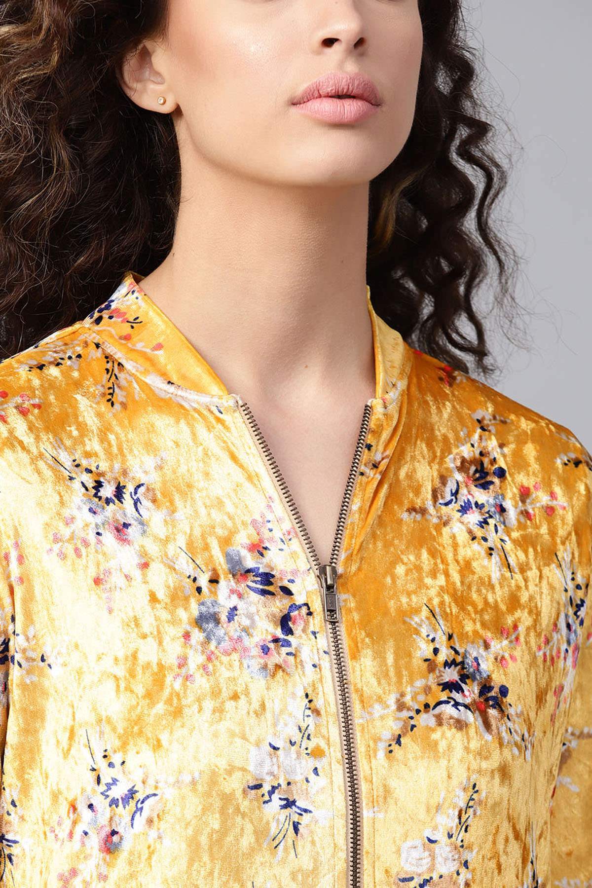 Women's Mustard Floral Velvet Bomber Jacket