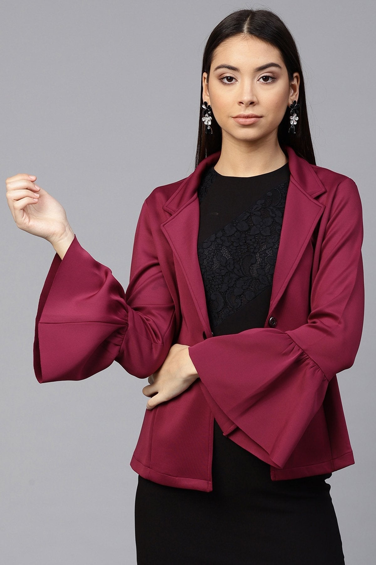 Women's Burgundy Scuba Ruffle Sleeve Blazer