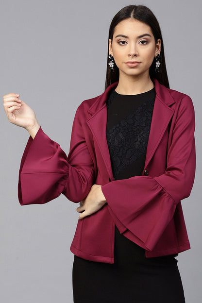 Women's Burgundy Scuba Ruffle Sleeve Blazer