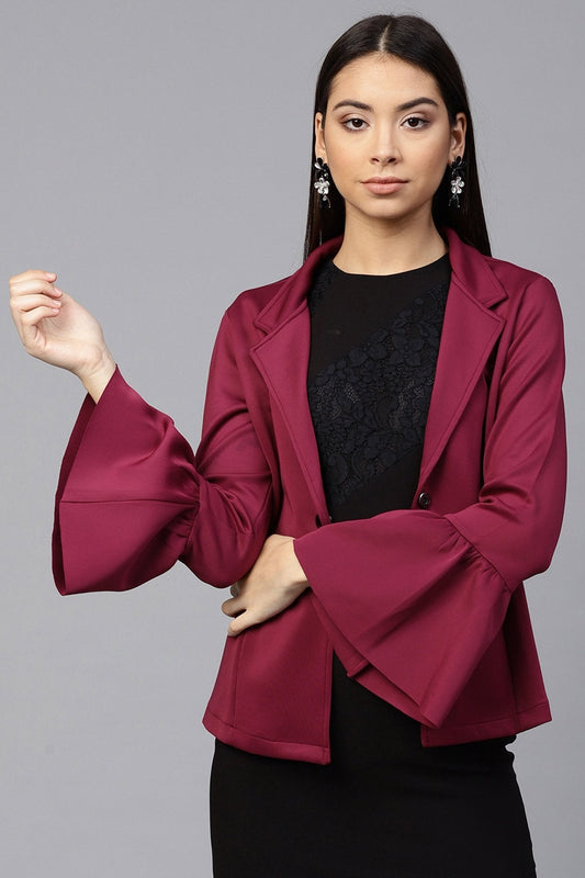 Women's Burgundy Scuba Ruffle Sleeve Blazer