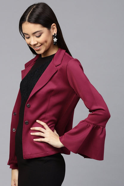 Women's Burgundy Scuba Ruffle Sleeve Blazer