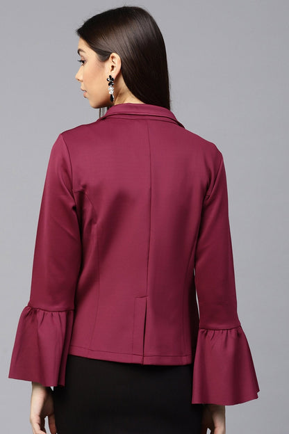 Women's Burgundy Scuba Ruffle Sleeve Blazer
