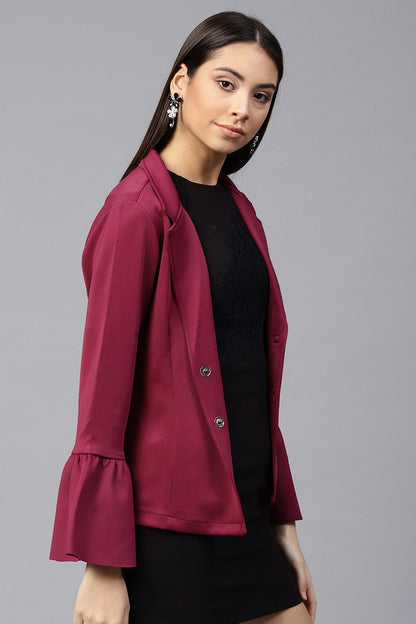 Women's Burgundy Scuba Ruffle Sleeve Blazer