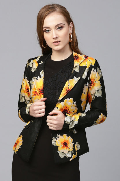 Women's Black Floral Silk Blazer