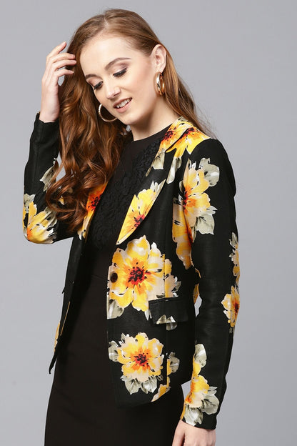 Women's Black Floral Silk Blazer