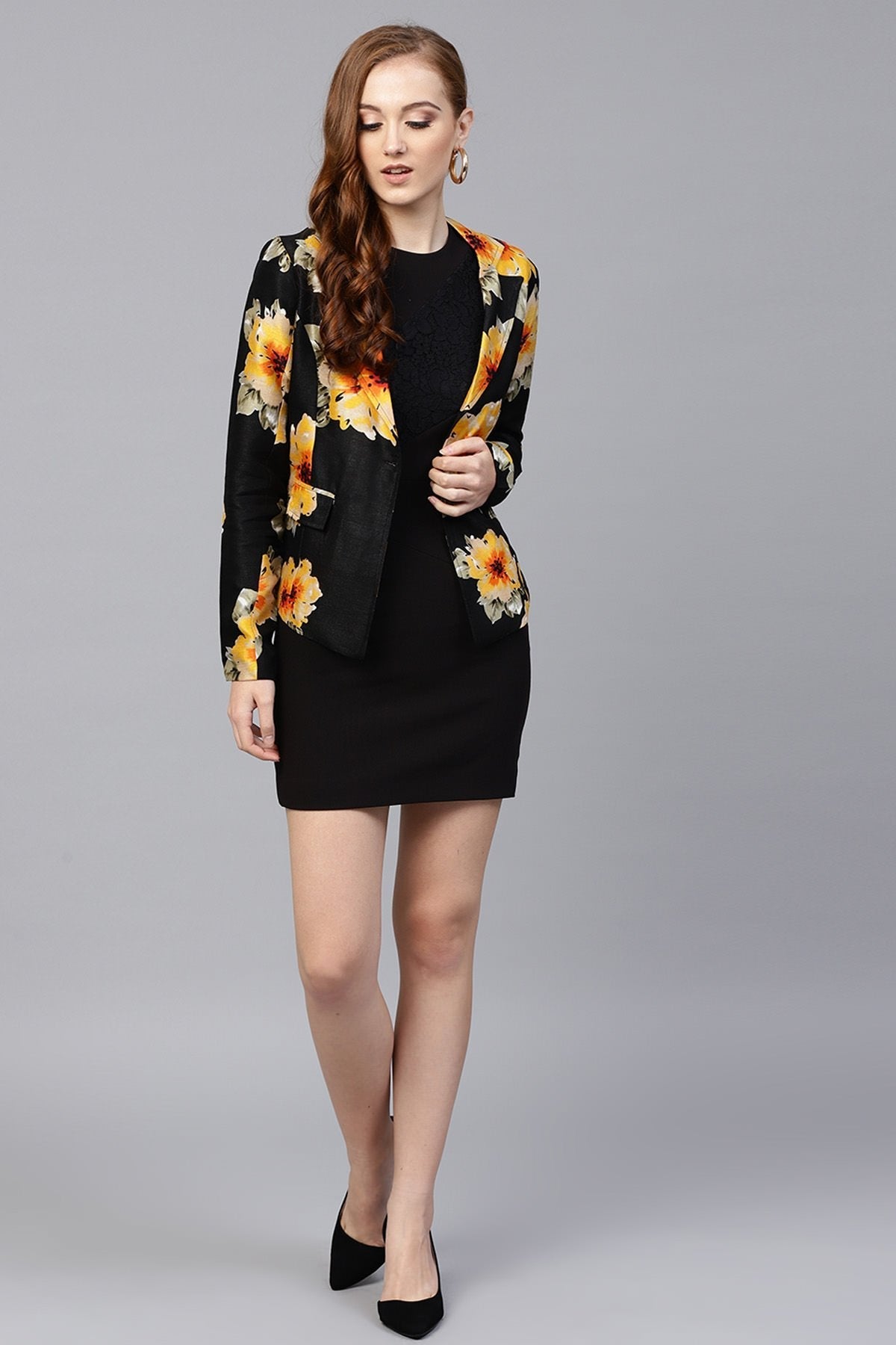 Women's Black Floral Silk Blazer
